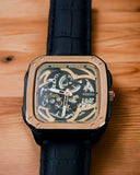  Shop Authentic Fossil Inscription Automatic Skeleton Rose Gold Dial Black Leather Strap Watch for Men - BQ2572 - Luxxuri