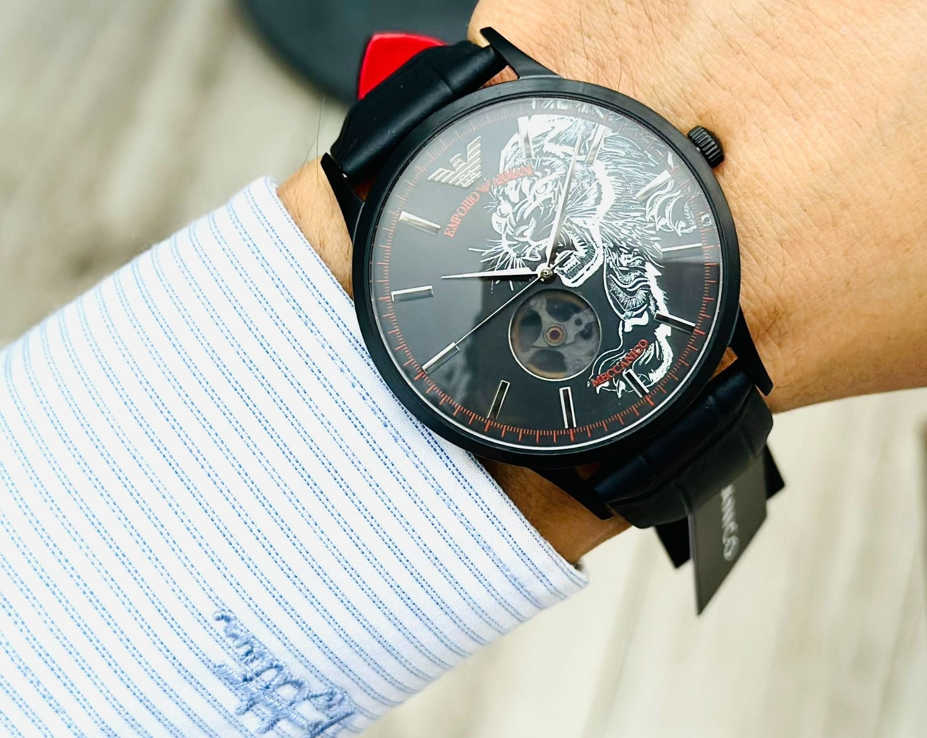  Shop Authentic Emporio Armani Meccanico Skeleton Black Dial Black Leather Strap Watch For Men - AR60046 - Luxxuri