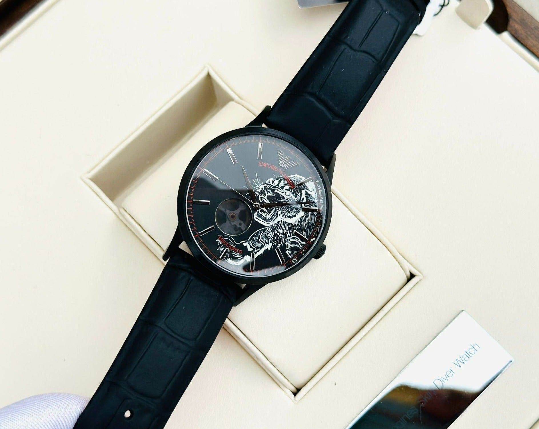  Shop Authentic Emporio Armani Meccanico Skeleton Black Dial Black Leather Strap Watch For Men - AR60046 - Luxxuri