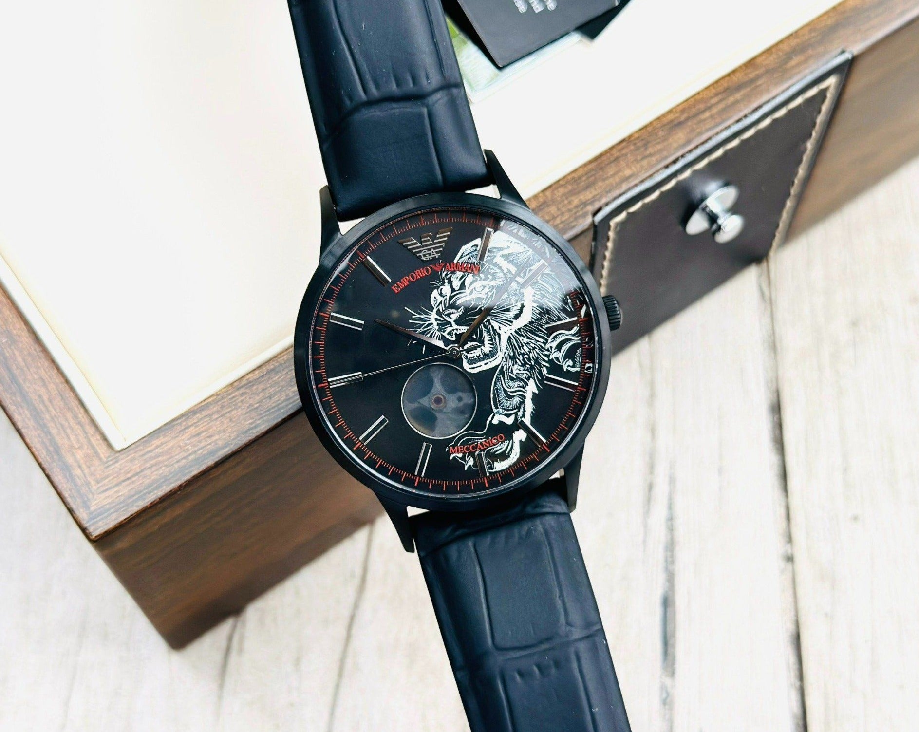  Shop Authentic Emporio Armani Meccanico Skeleton Black Dial Black Leather Strap Watch For Men - AR60046 - Luxxuri