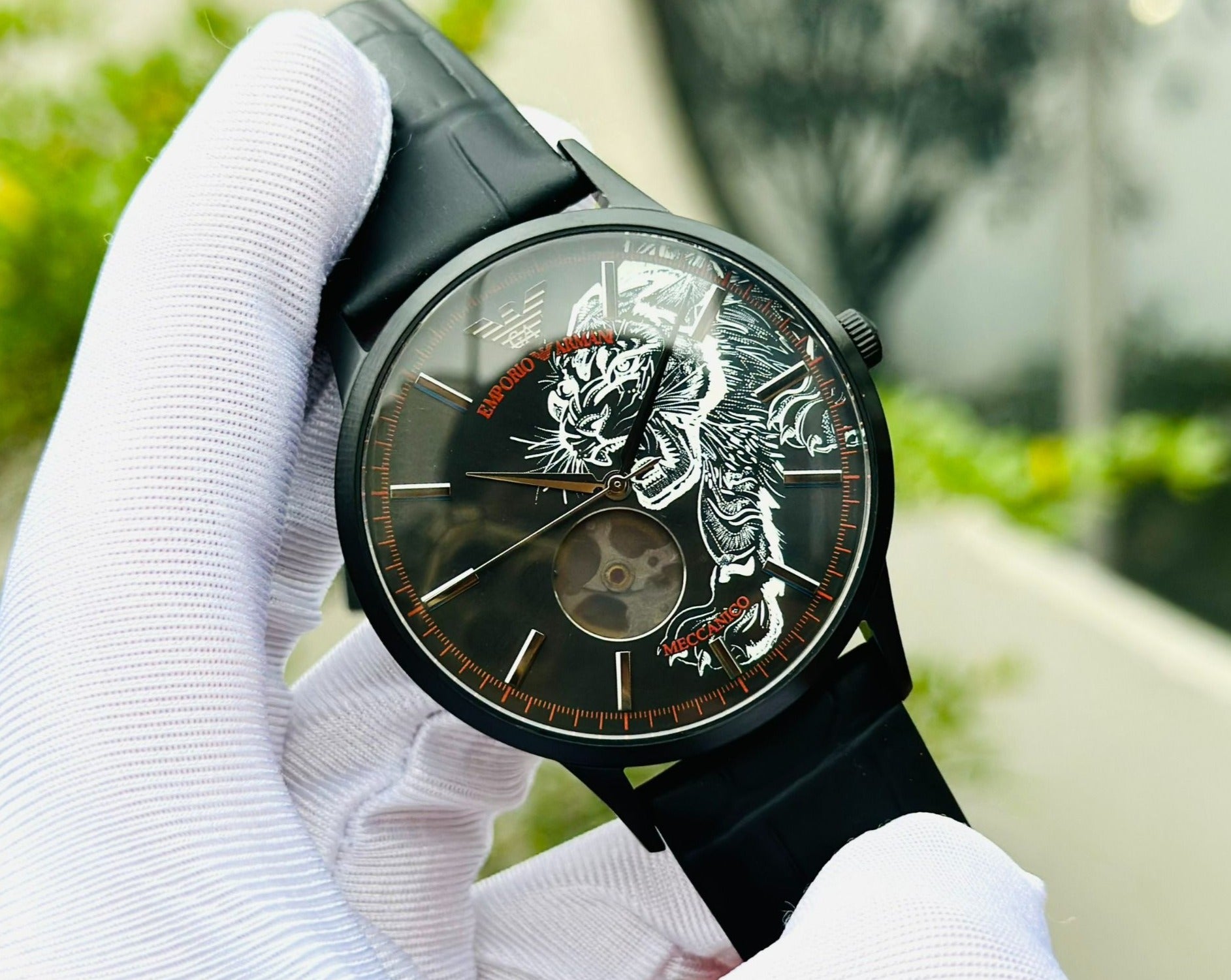  Shop Authentic Emporio Armani Meccanico Skeleton Black Dial Black Leather Strap Watch For Men - AR60046 - Luxxuri