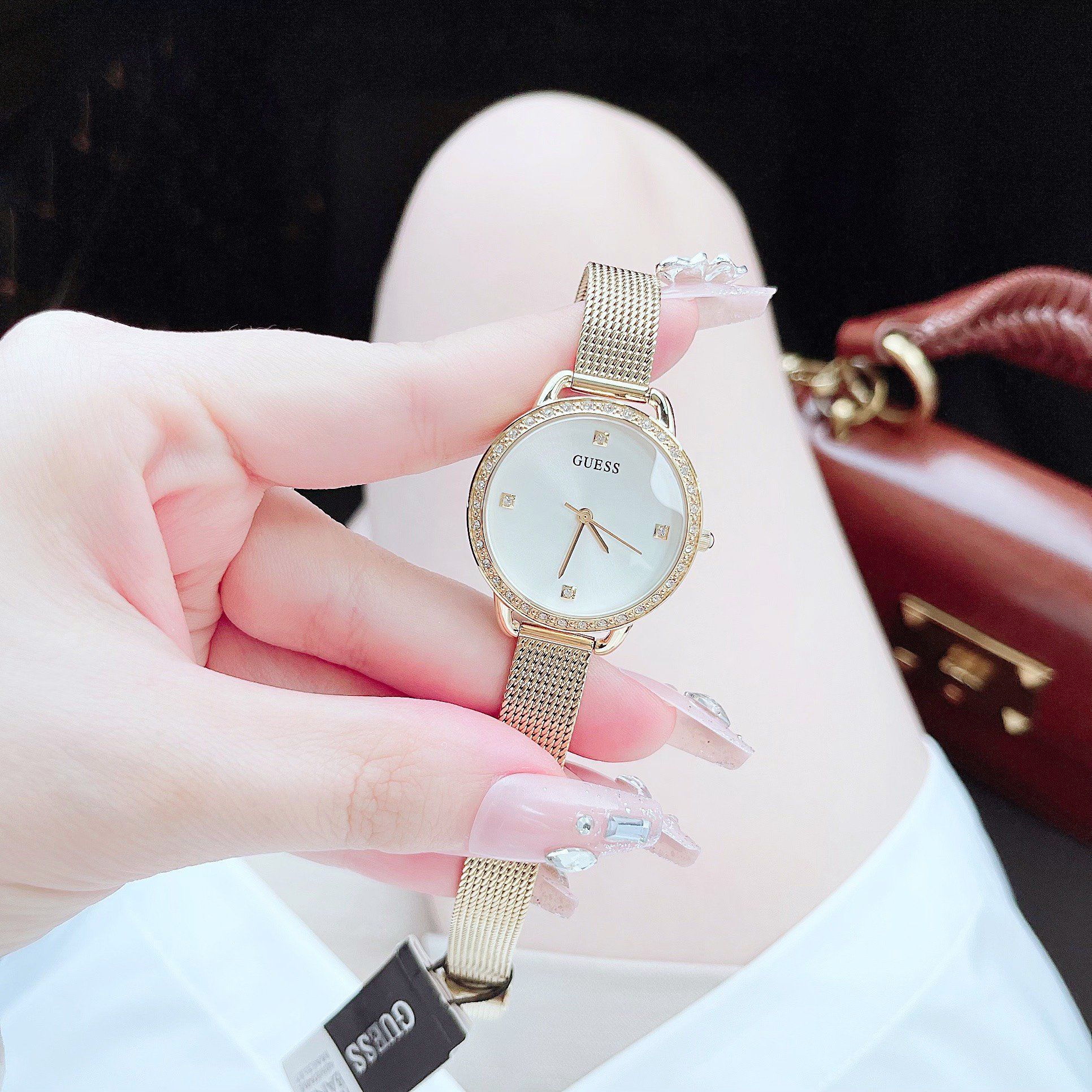 Guess Chelsea Crystals Mother of Pearl White Dial Gold Mesh Bracelet Watch For Women - W0647L7