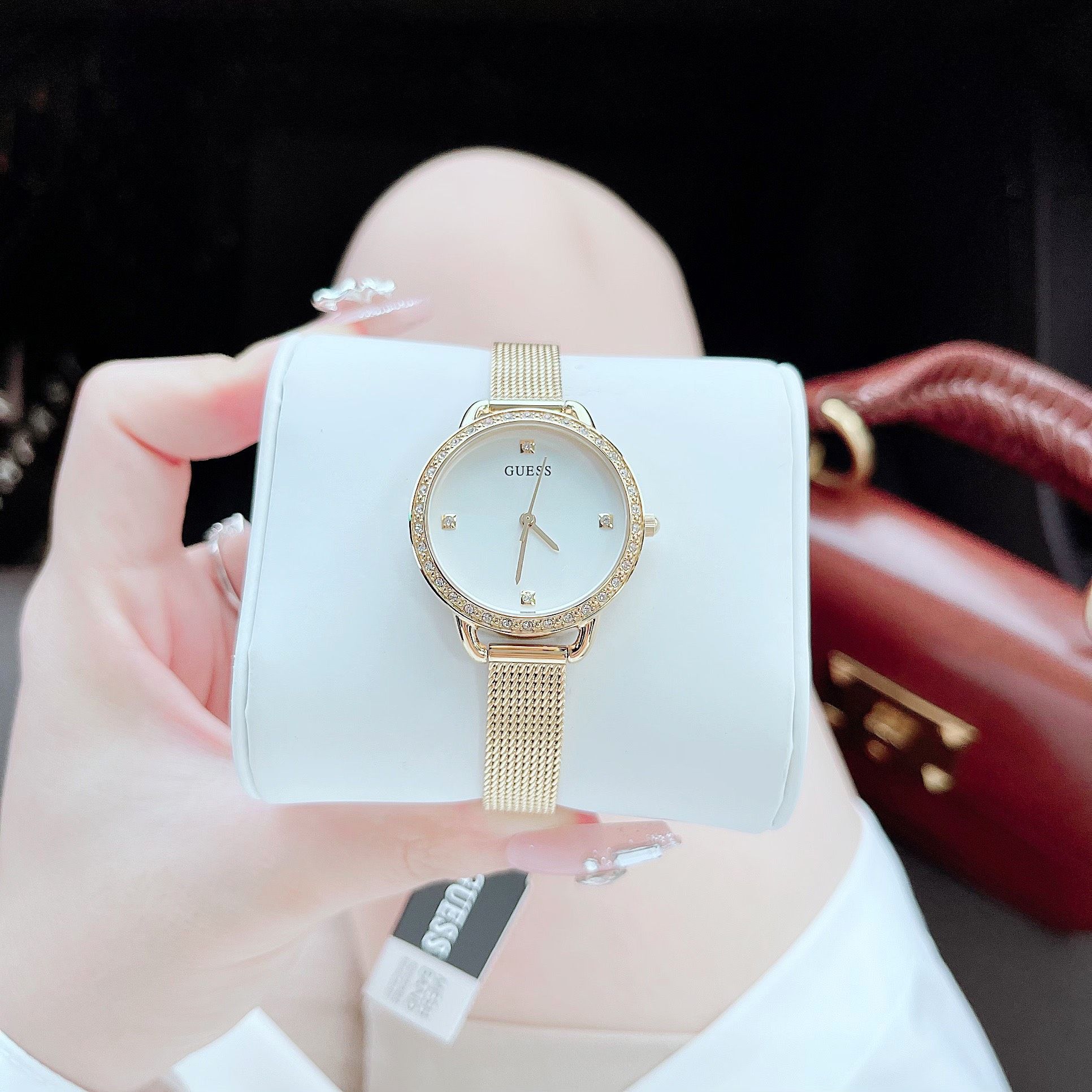 Guess Chelsea Crystals Mother of Pearl White Dial Gold Mesh Bracelet Watch For Women - W0647L7