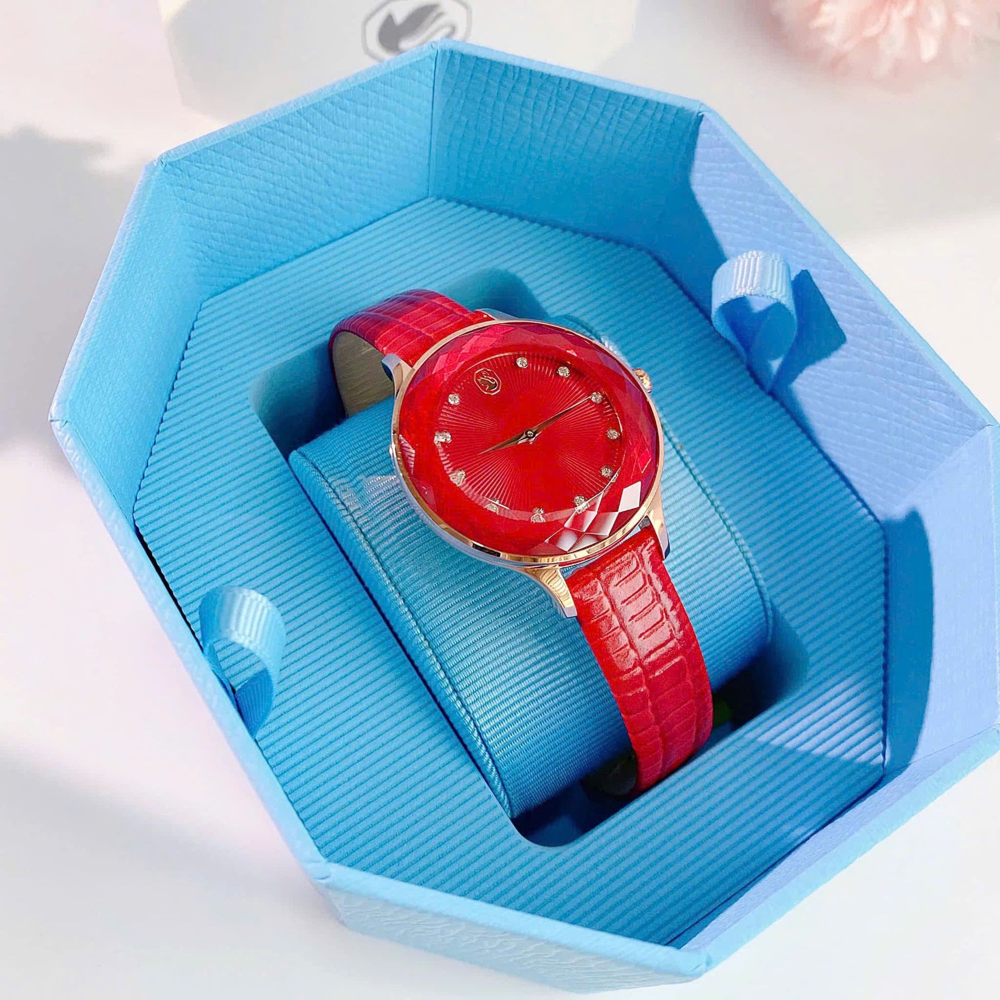 Swarovski Octea Nova Quartz Red Dial Red Leather Strap Watch for Women - 5650002