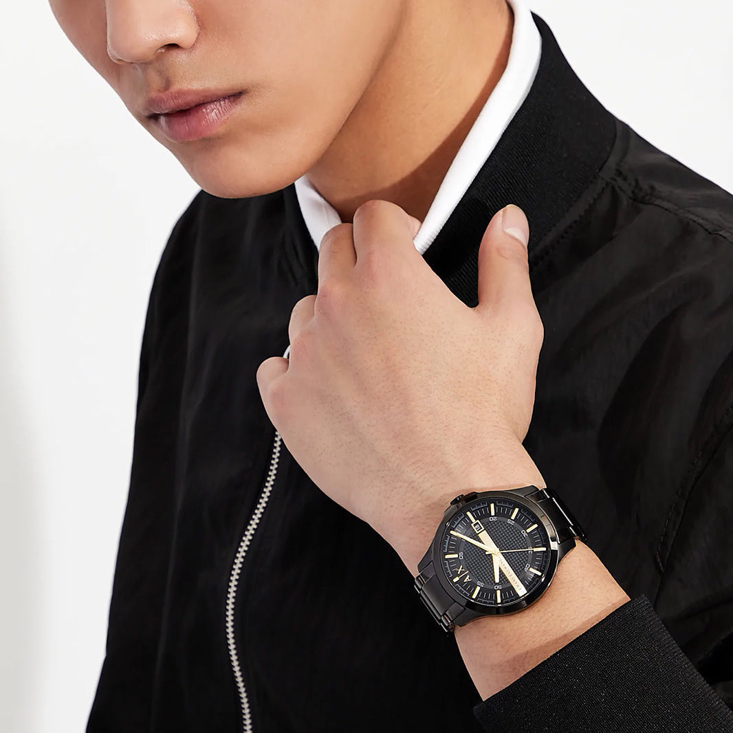 Armani Exchange Hampton Chronograph Black Dial Black Steel Strap Watch For Men - AX2413