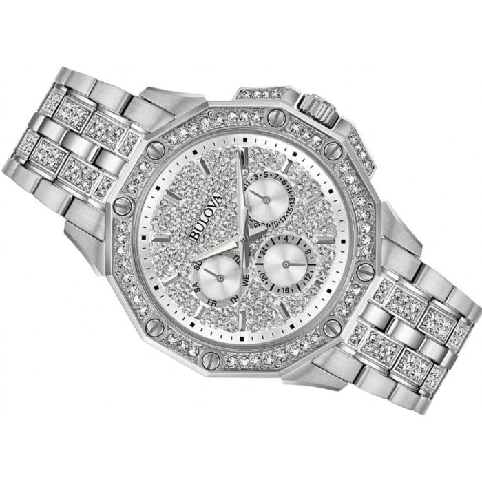  Shop Authentic Bulova Crystal Collection Pave Silver Dial with Crystals Silver Steel Strap Watch for Men - 96C134 - Luxxuri