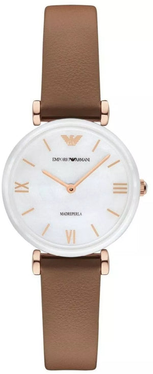  Shop Authentic Emporio Armani Gianni T Bar Quartz Mother of Pearl White Dial Brown Leather Strap Watch For Women - AR11040 - Luxxuri