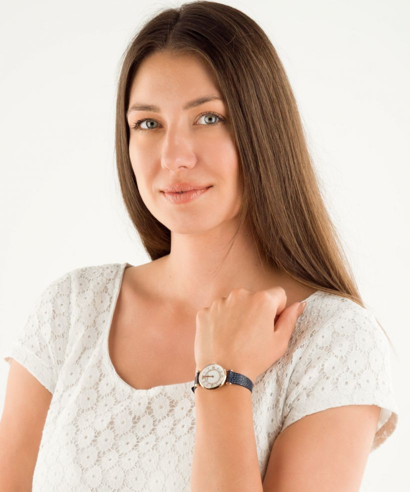  Shop Authentic Emporio Armani Gianni T-Bar Analog Mother of Pearl Dial Blue Leather Strap Watch For Women - AR11468 - Luxxuri