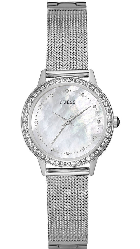  Shop Authentic Guess Chelsea Mother of Pearl White Dial Silver Mesh Strap Watch For Women - W0647L1 - Luxxuri