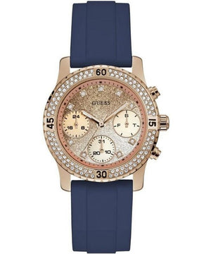  Shop Authentic Guess Confetti Diamonds Gold Dial Blue Rubber Strap Watch For Women - W1098L6 - Luxxuri