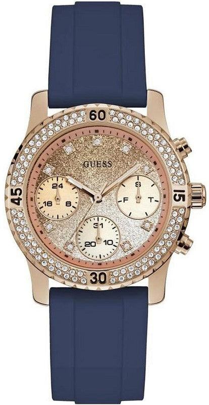  Shop Authentic Guess Confetti Diamonds Gold Dial Blue Rubber Strap Watch For Women - W1098L6 - Luxxuri