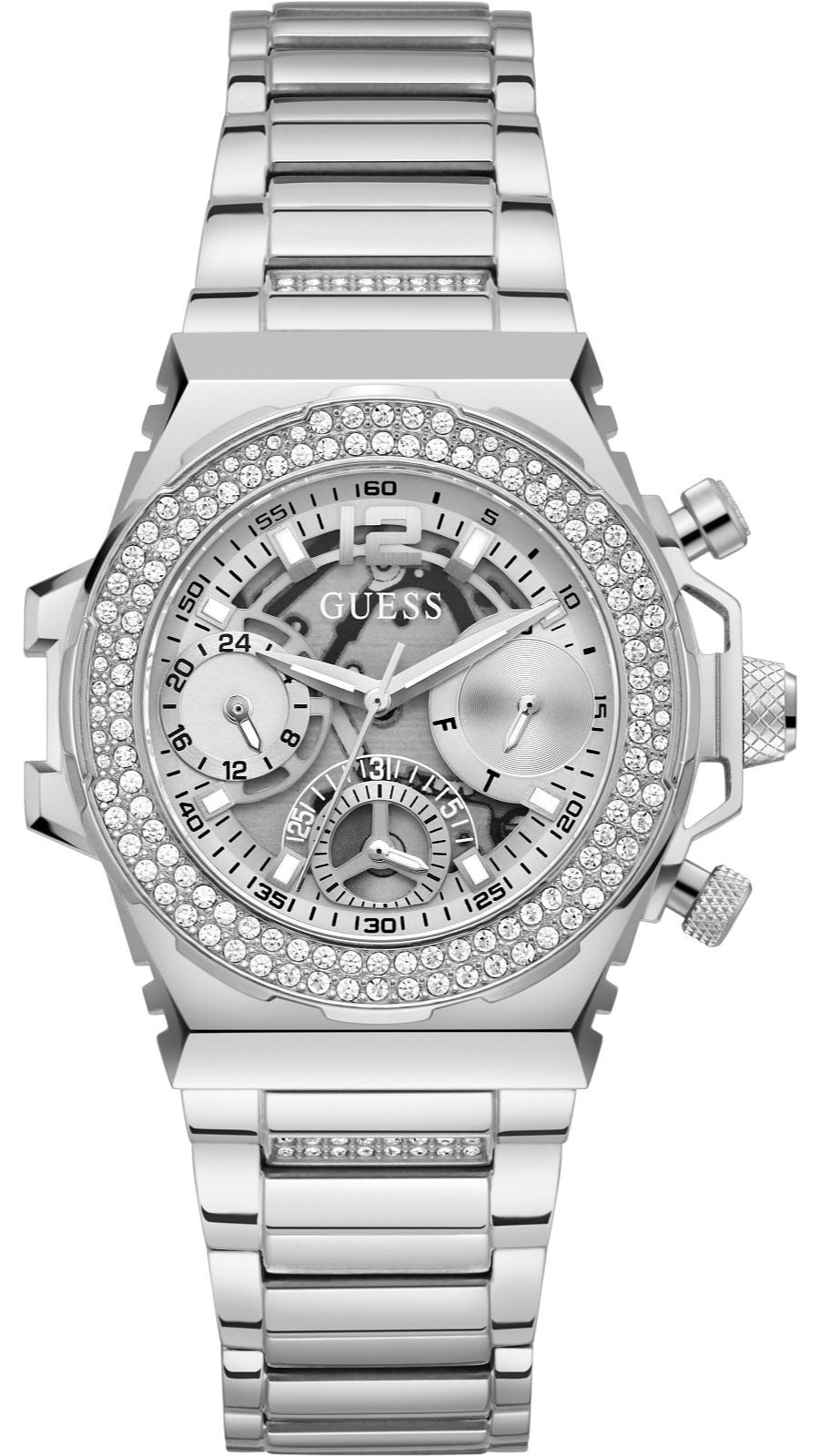 Guess Fusion Chronograph Crystals Silver Dial Silver Steel Strap Watch For Women - GW0552L1