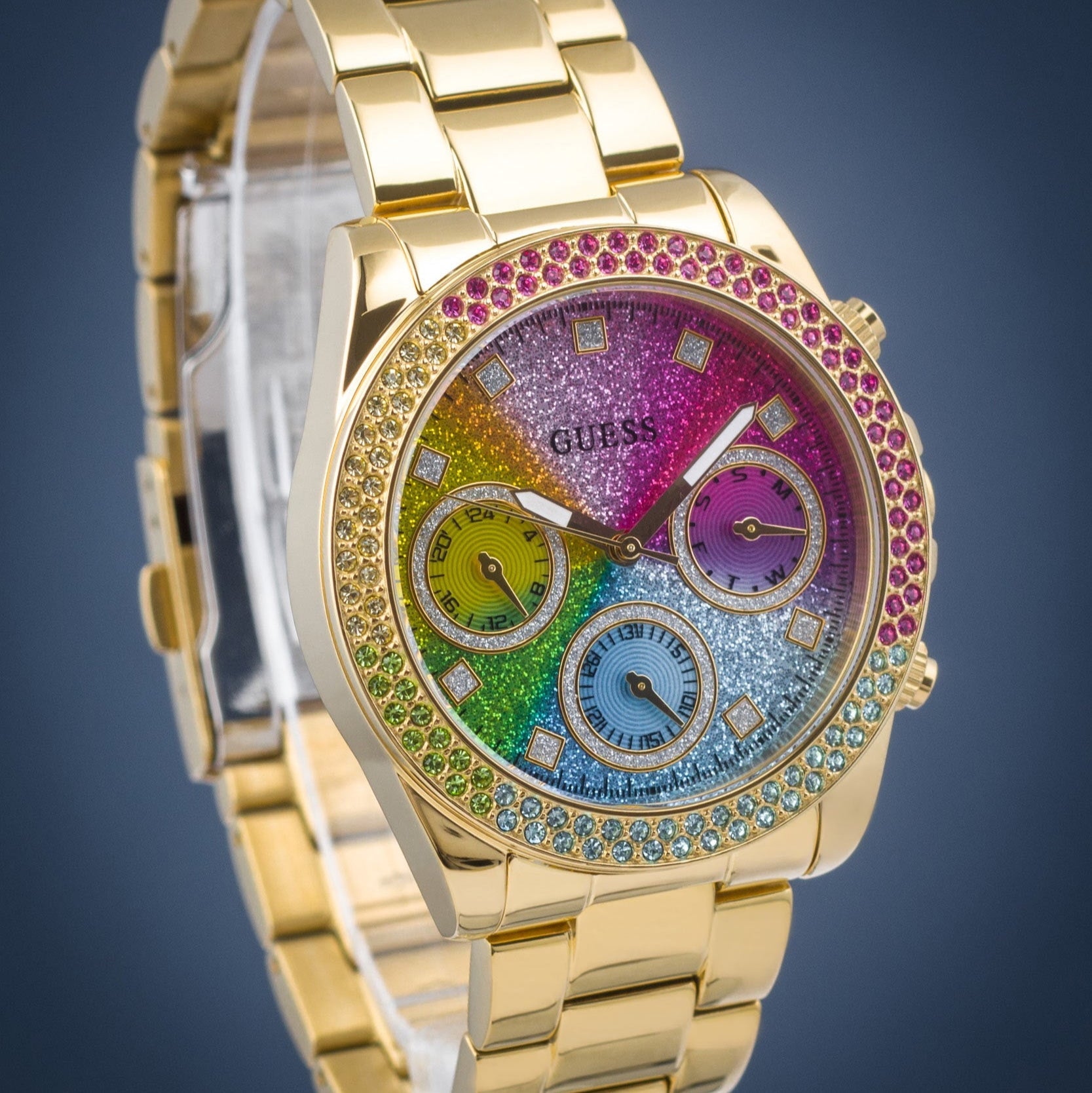 Guess Confetti Chronograph Rainbow Dial Gold Steel Strap Watch For Women  - GW0483L4