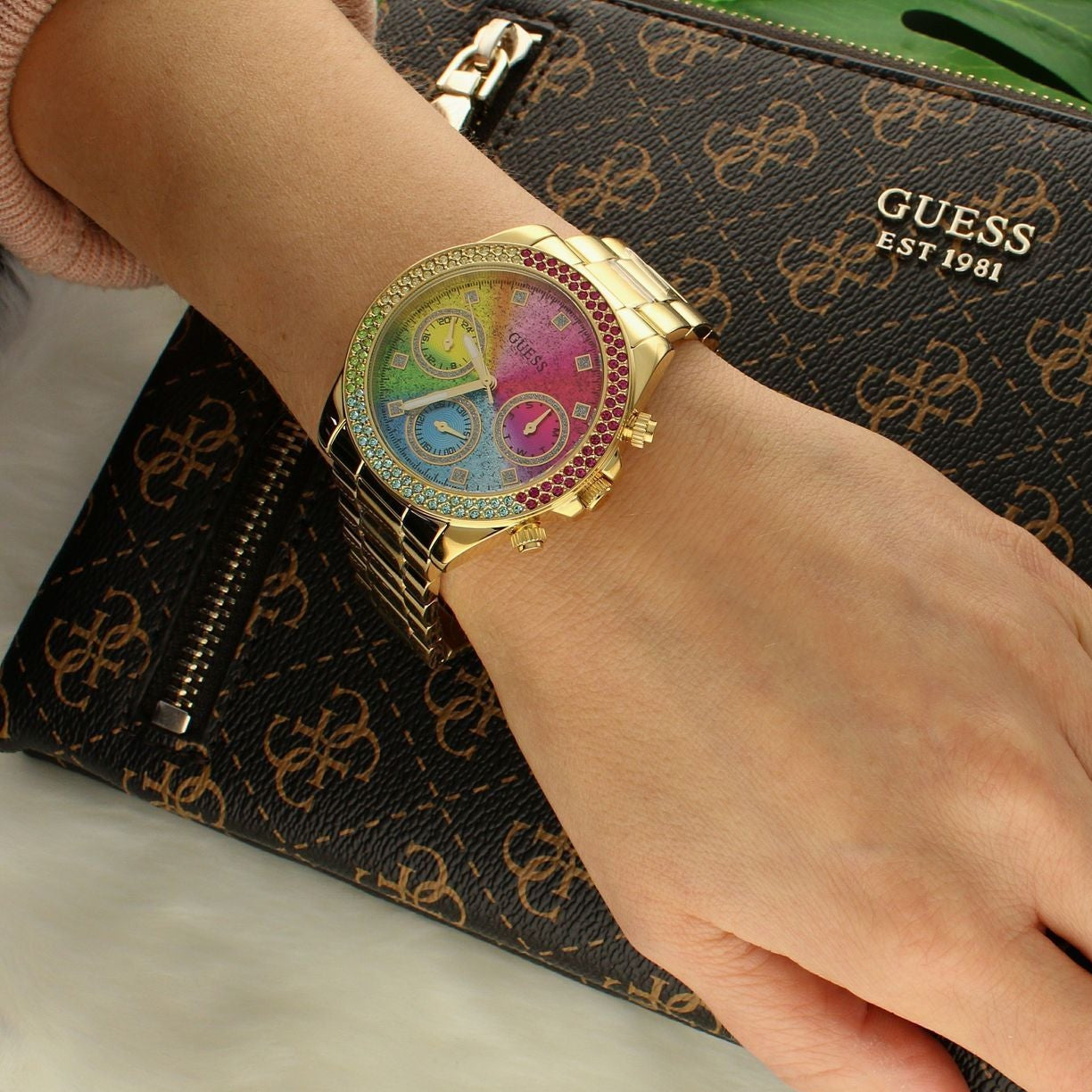  Shop Authentic Guess Confetti Chronograph Rainbow Dial Gold Steel Strap Watch For Women  - GW0483L4 - Luxxuri