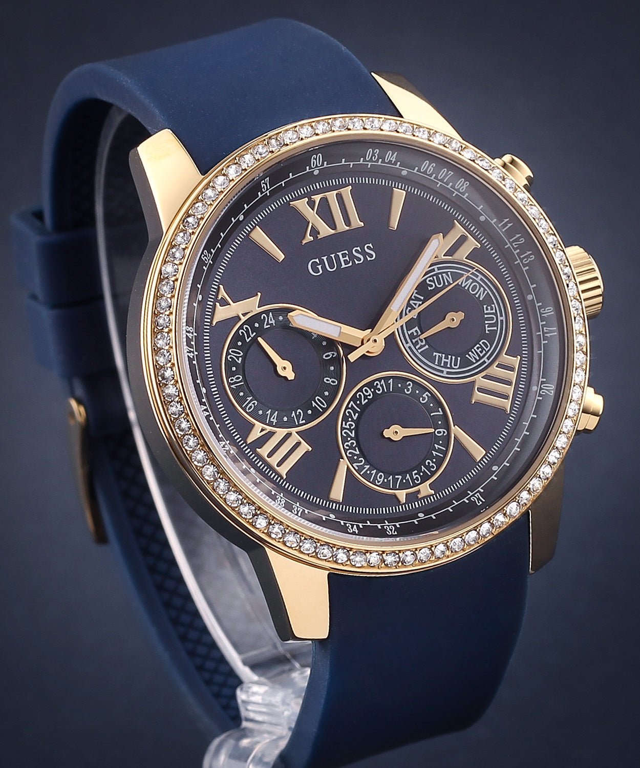  Shop Authentic Guess Sunrise Blue Dial with Diamonds Blue Rubber Strap Watch For Women - W0616L2 - Luxxuri