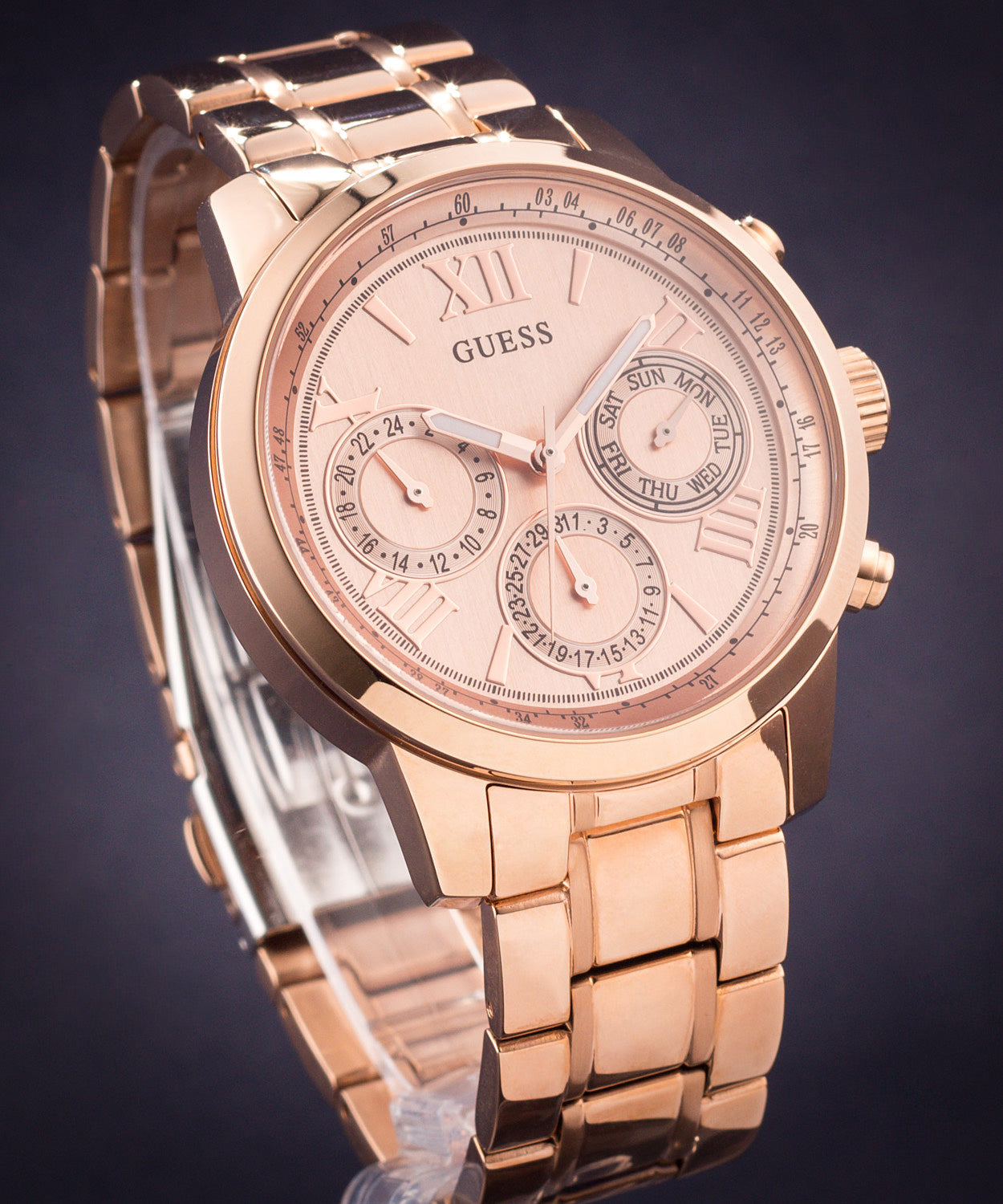 Guess Sunrise Quartz Rose Gold Dial Rose Gold Steel Strap Watch For Women - W0330L2