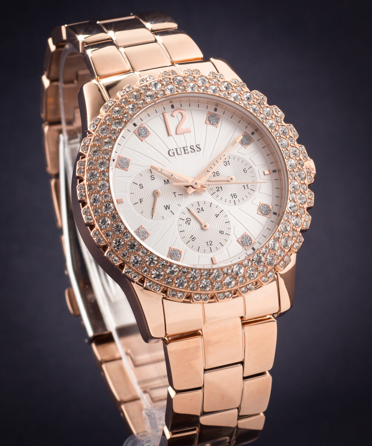  Shop Authentic Guess Dazzler Diamonds Silver Dial Rose Gold Steel Strap Watch for Women - W0335L3 - Luxxuri