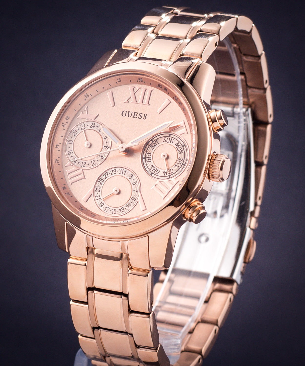  Shop Authentic Guess Mini Sunrise Chronograph Quartz Rose Gold Dial Rose Gold Steel Strap Watch For Women - W0448L3 - Luxxuri