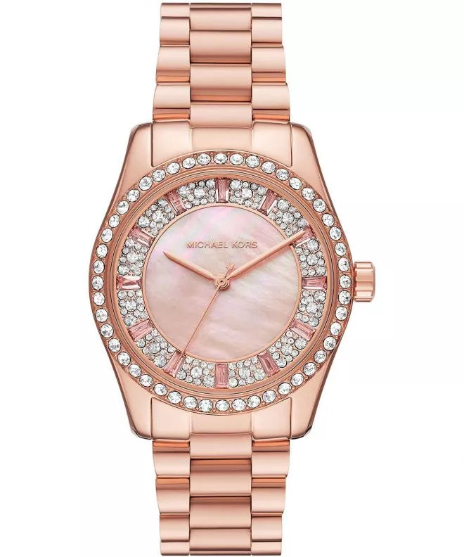 Michael Kors Lexington Three Hand Mother of Pearl Pink Dial Rose Gold Steel Strap Watch For Women - MK7444