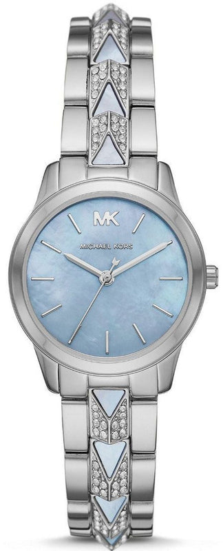 Shop Authentic Michael Kors Runway Mercer Quartz Mother of Pearl Blue Dial Silver Steel Strap Watch For Women - MK6857 - Luxxuri