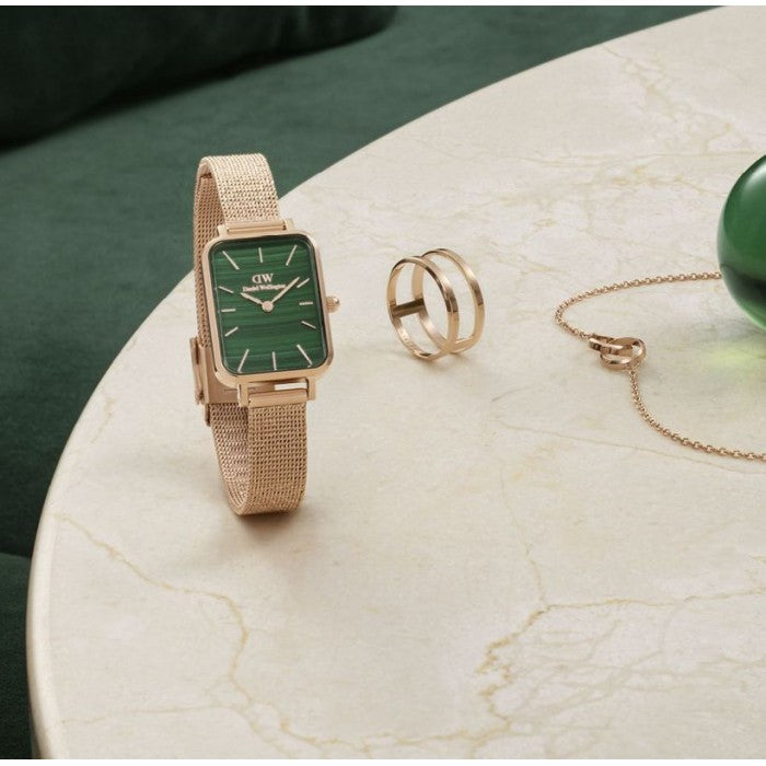 Shop Authentic Daniel Wellington Quadro Melrose Green Dial Rose Gold Mesh Strap Watch For Women - DW00100437 - Luxxuri
