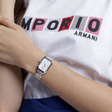  Shop Authentic Emporio Armani Gianni T Bar Mother of Pearl Dial Two Tone Steel Strap Watch For Women - AR11146 - Luxxuri
