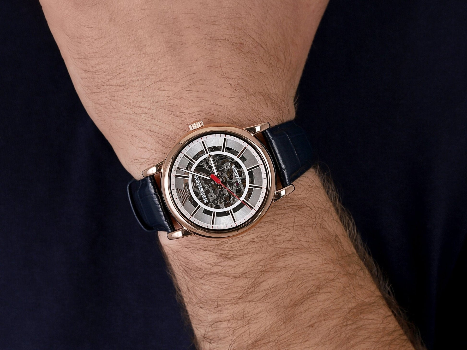  Shop Authentic Emporio Armani Meccanico Silver Dial Blue Leather Strap Watch For Men - AR60009 - Luxxuri