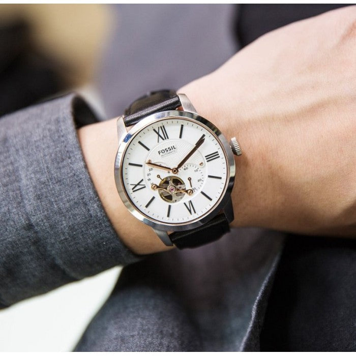  Shop Authentic Fossil Townsman Automatic White Dial Black Leather Strap Watch for Men - ME3104 - Luxxuri