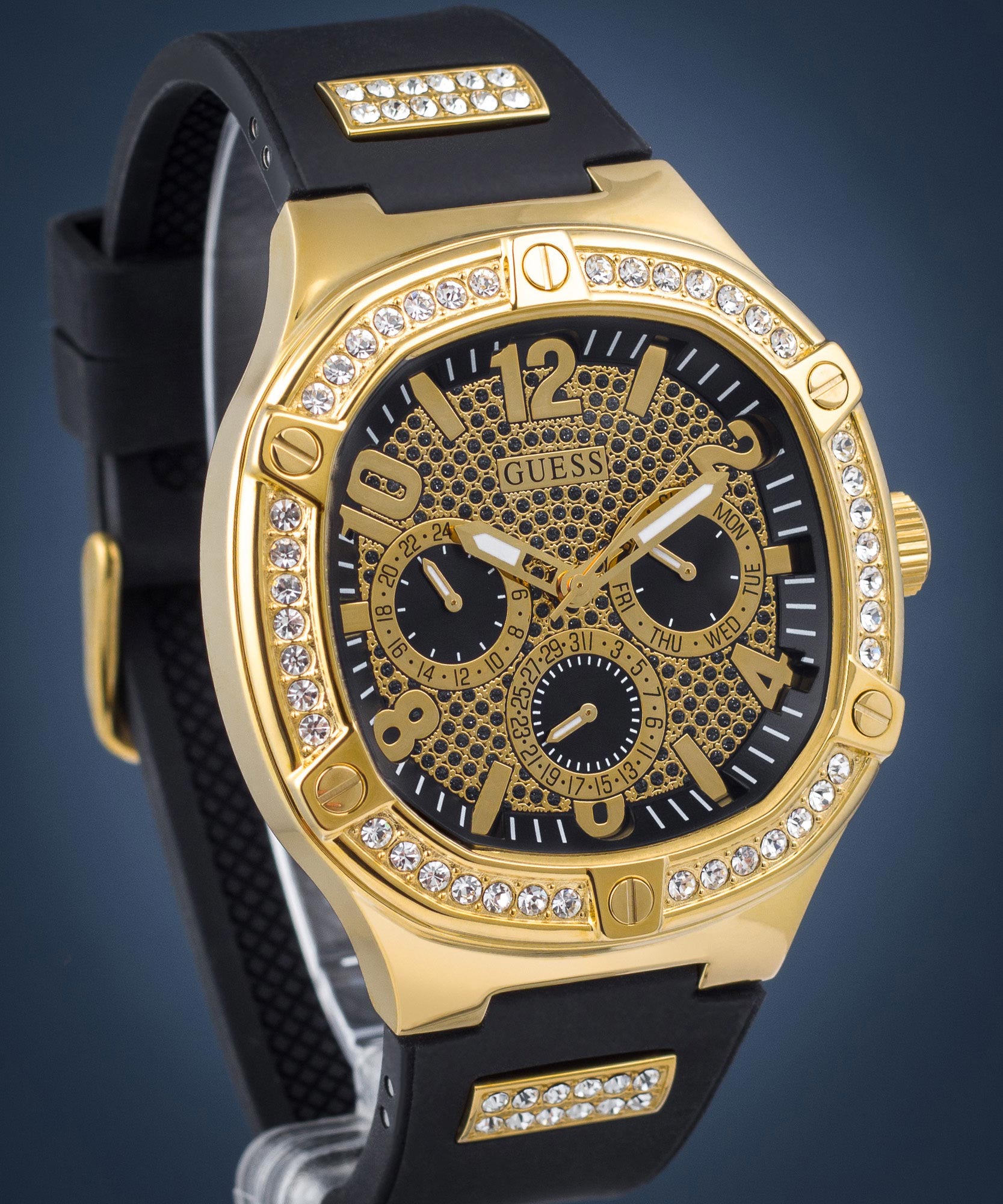  Shop Authentic Guess Duke Crystals Black Dial Black Silicone Strap Watch For Men - GW0641G2 - Luxxuri