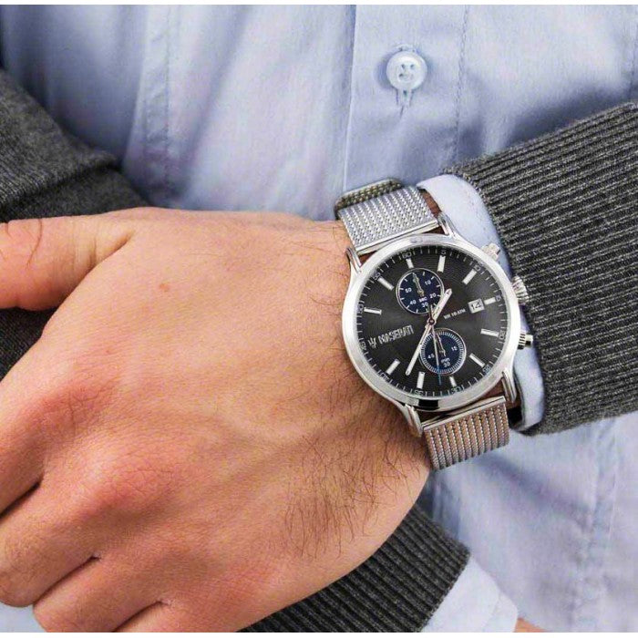  Shop Authentic Maserati Epoca 42mm Black Dial Steel Silver Mesh Bracelet Watch For Men - R8873618003 - Luxxuri