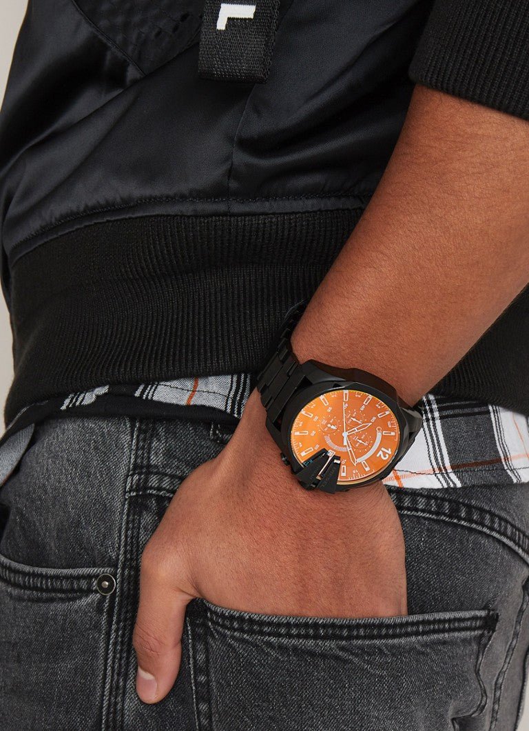 Diesel Mega Chief Black Dial Black Steel Strap Watch For Men - DZ4318