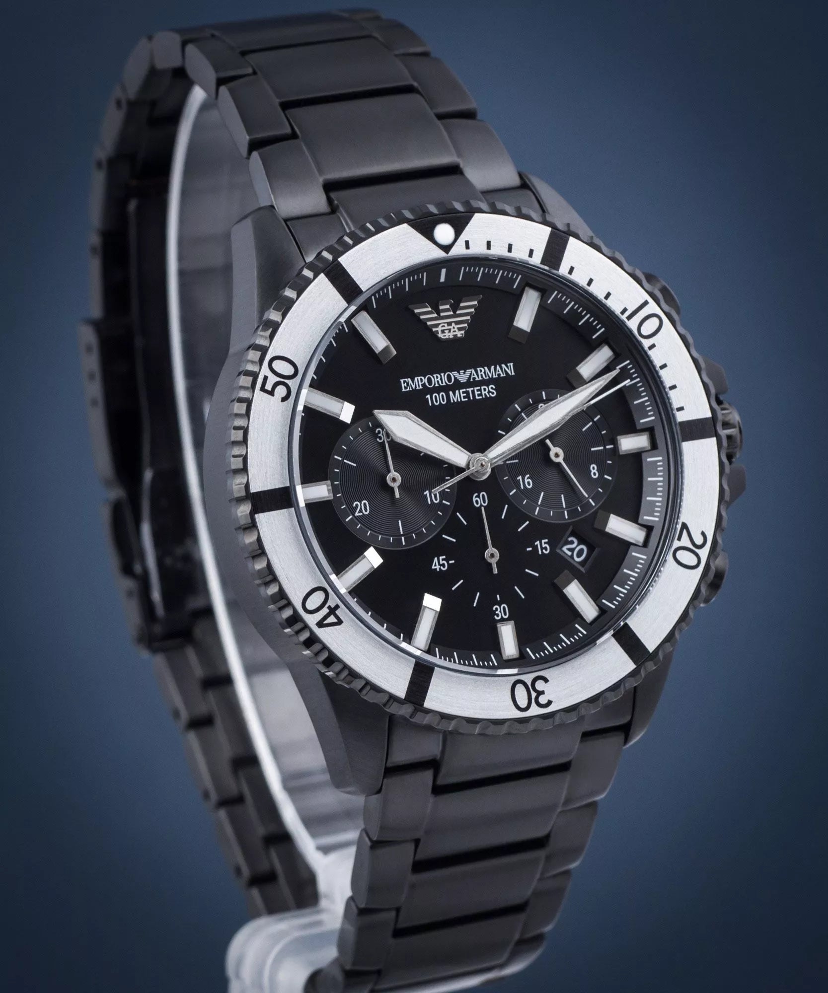 Emporio Armani Diver Chronograph Black Dial Black Steel Strap Watch For Men - AR80050