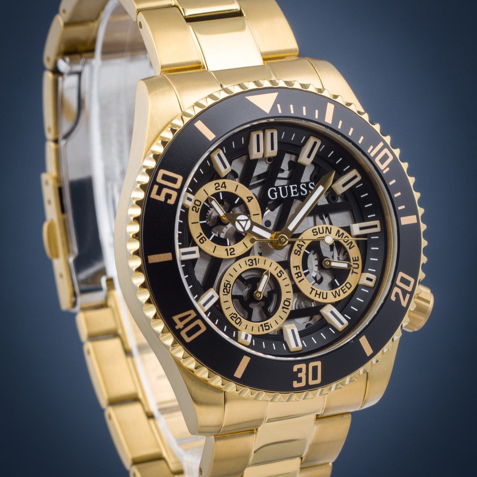  Shop Authentic Guess Axle Multifunction Black Dial Gold Steel Strap Watch For Men - GW0488G2 - Luxxuri