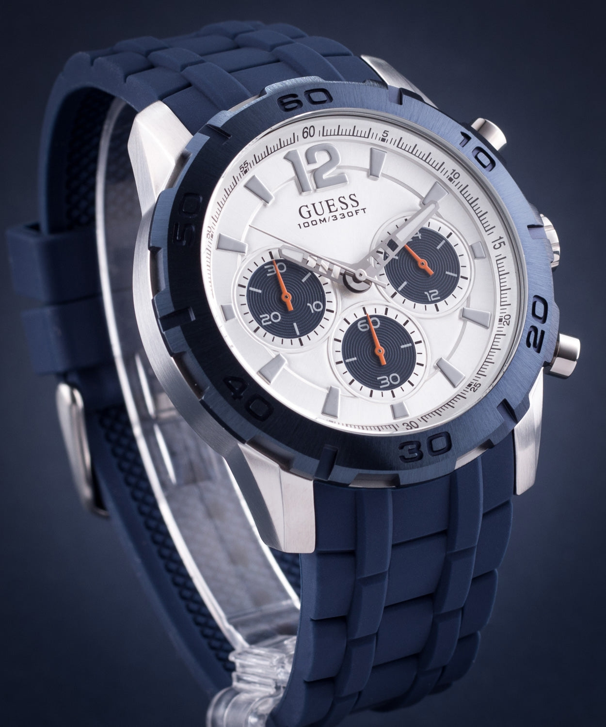  Shop Authentic Guess Caliber Chronograph White Dial Blue Rubber Strap Watch for Men - W0864G6 - Luxxuri