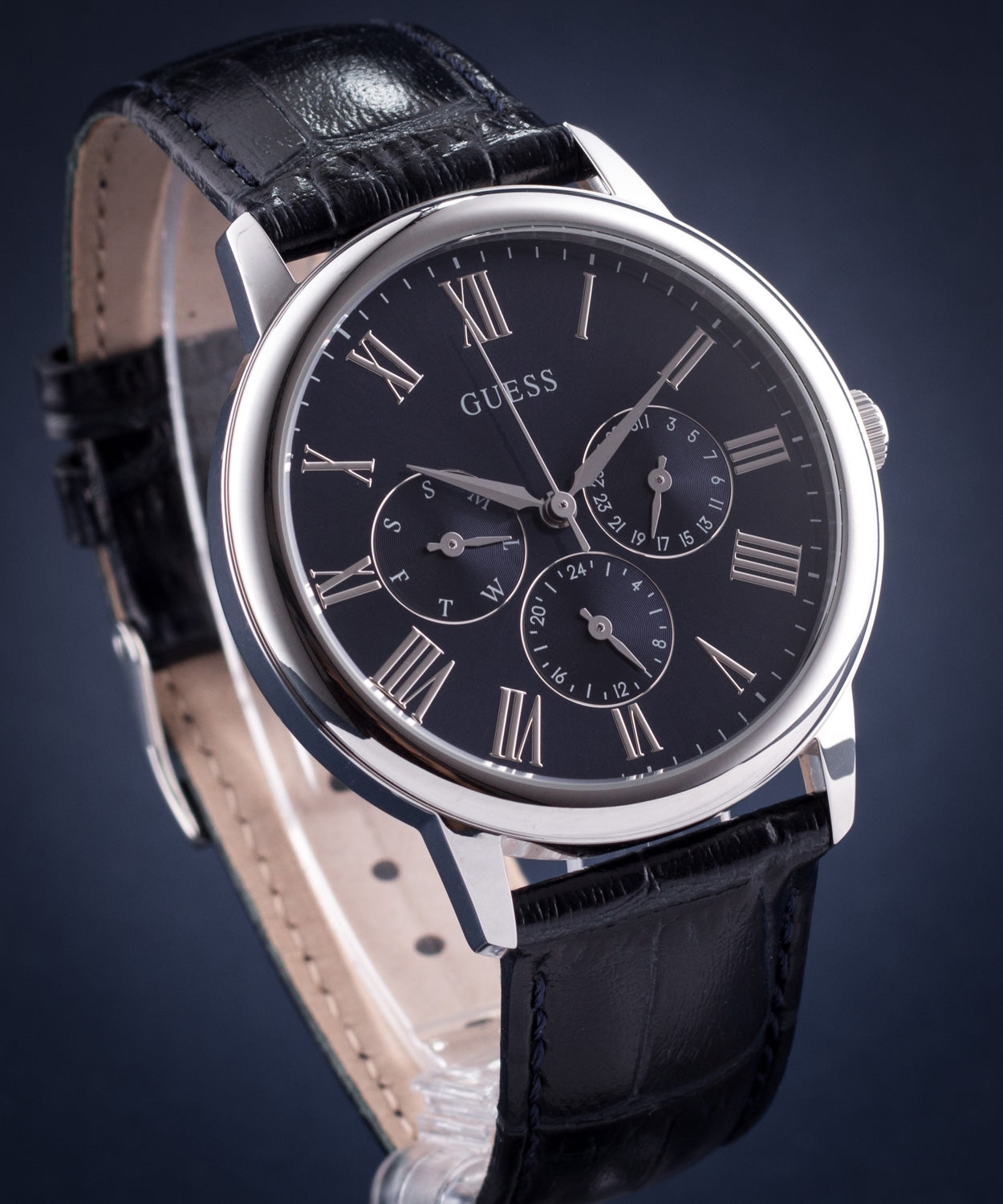  Shop Authentic Guess Wafer Chronograph Quartz Blue Dial Blue Leather Strap Watch For Men - W0496G3 - Luxxuri