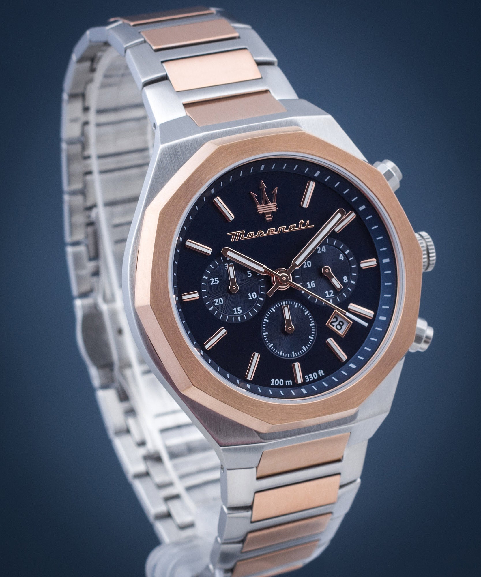  Shop Authentic Maserati Stile Chronograph Blue Dial Rose Gold Two Tone Strap Watch For Men - R8873642002 - Luxxuri