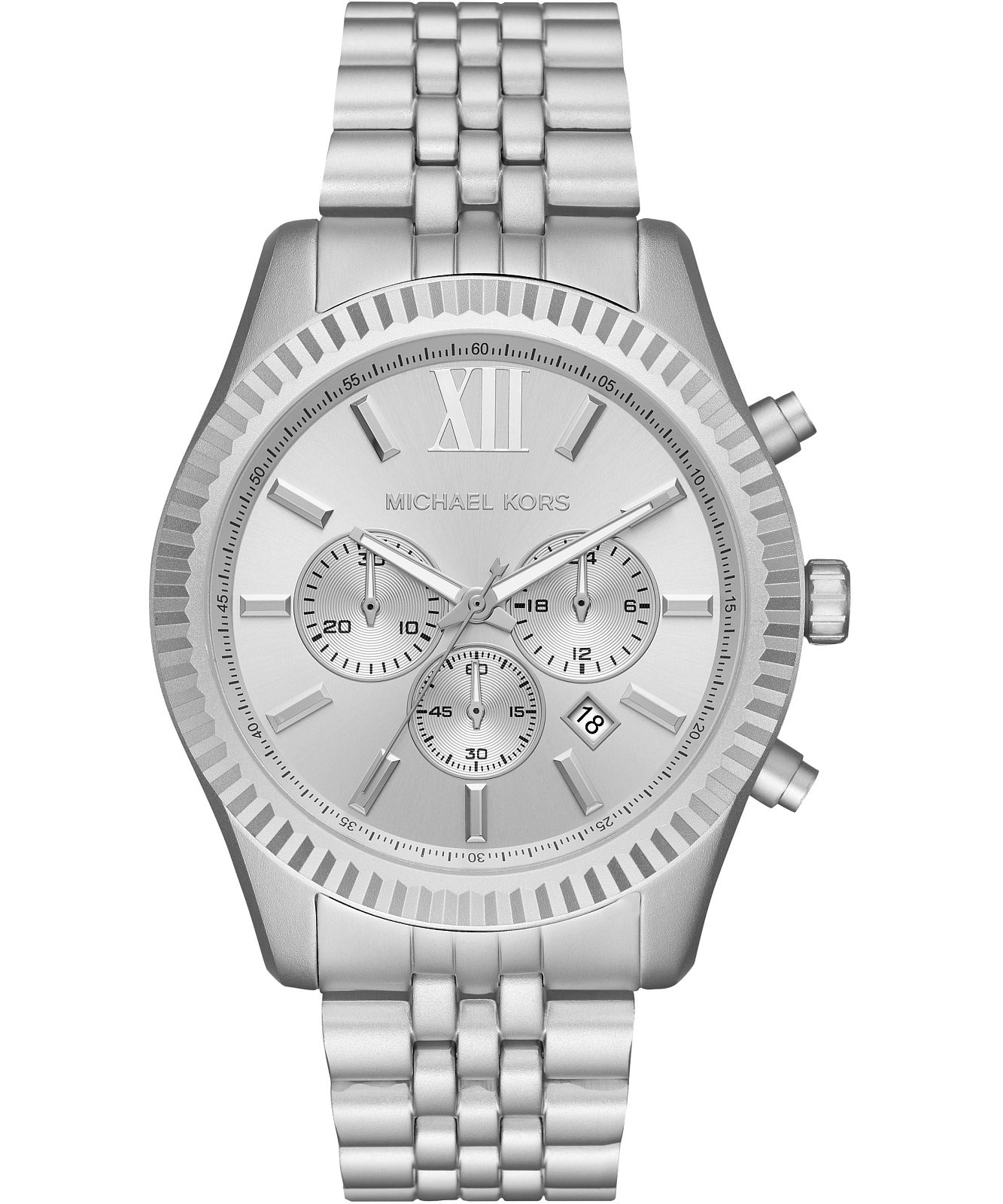  Shop Authentic Michael Kors Lexington Chronograph Silver Dial Silver Steel Strap Watch For Men - MK8789 - Luxxuri