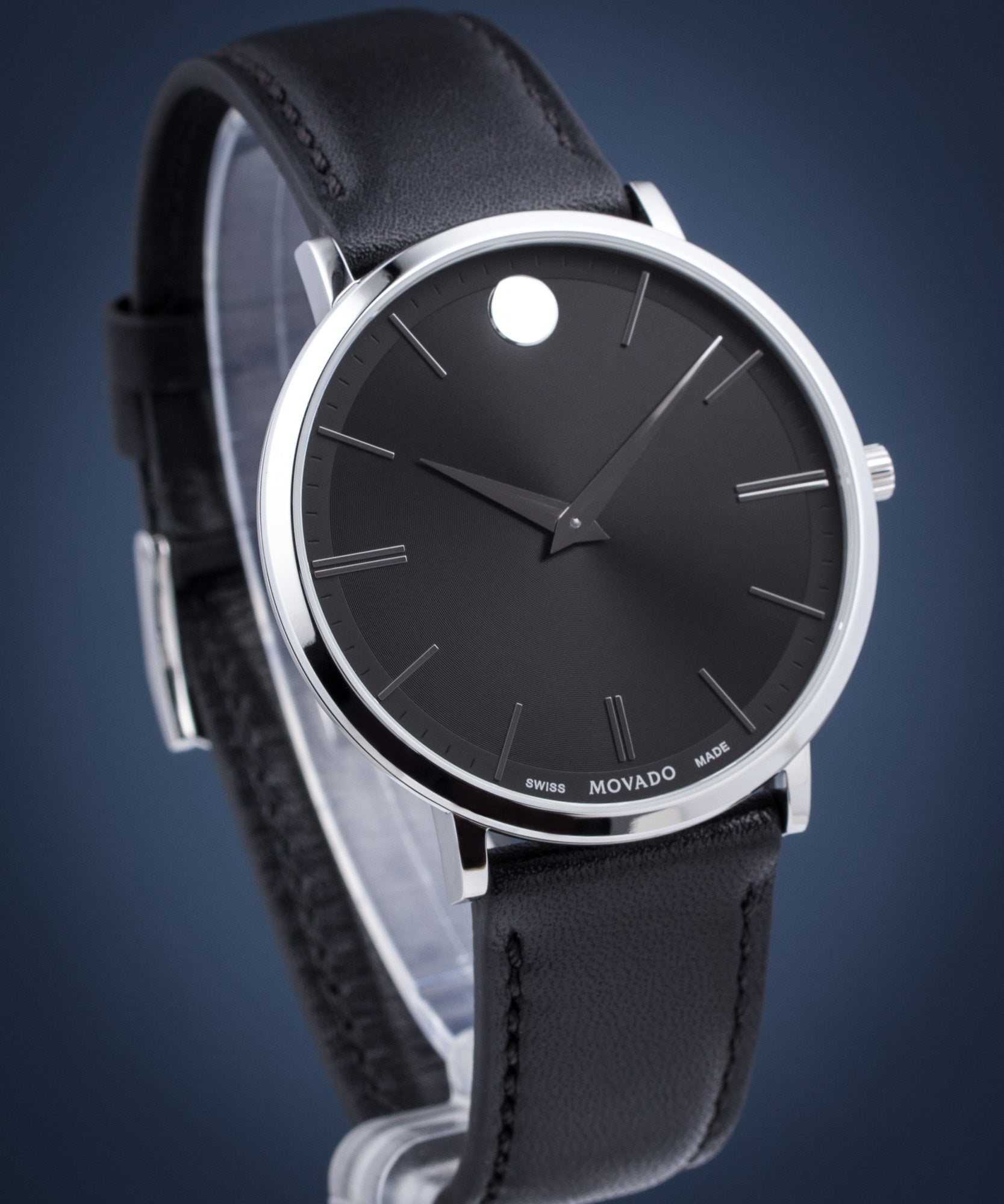  Shop Authentic Movado Ultra Slim Black Dial Black Leather Strap Watch For Men - 0607086 - Luxxuri
