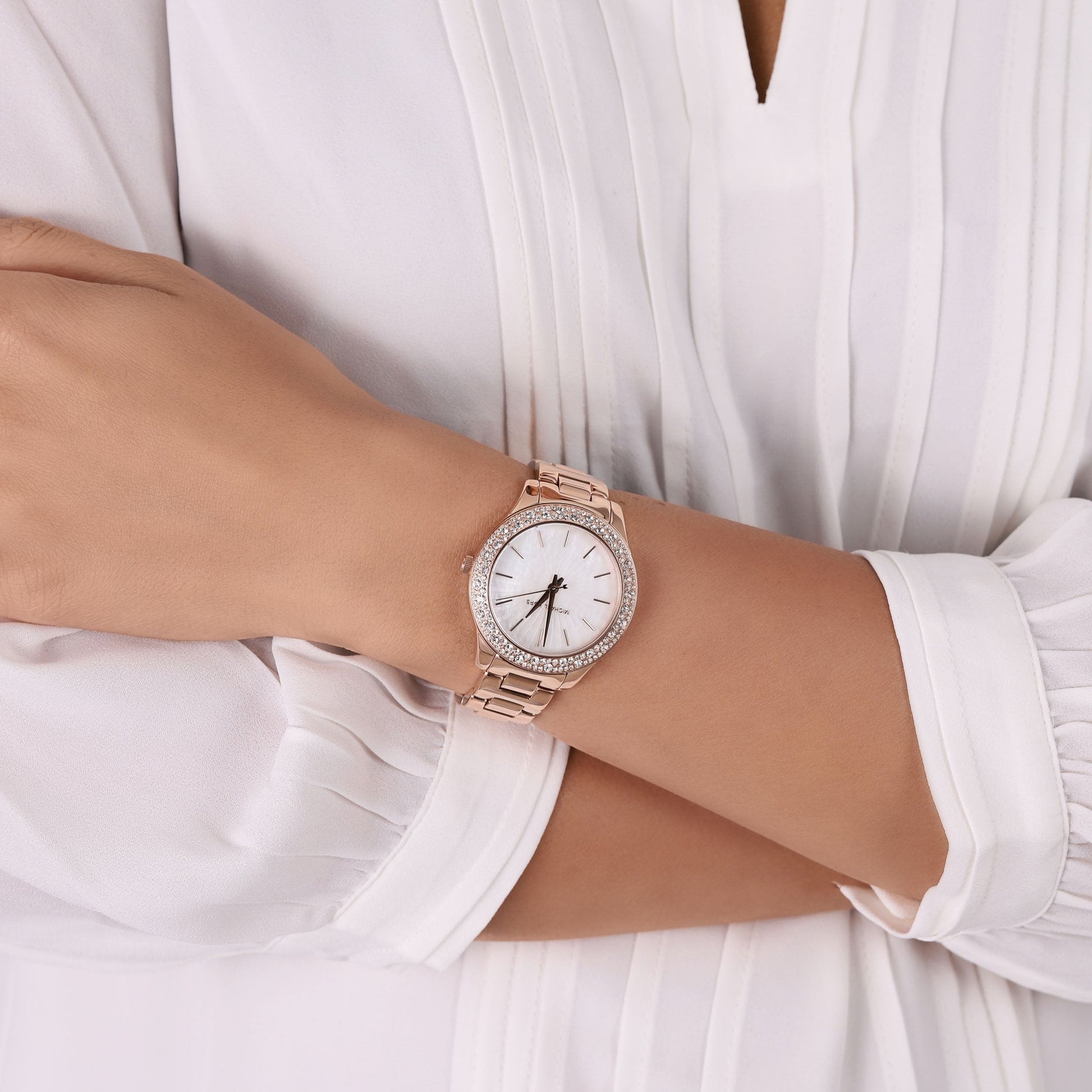  Shop Authentic Michael Kors Lilane Three Hand Mother of Pearl White Dial Rose Gold Steel Strap Watch For Women - MK4557 - Luxxuri