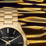  Shop Authentic Michael Kors Slim Runway Quartz Black Dial Gold Steel Strap Watch For Men - MK8621 - Luxxuri