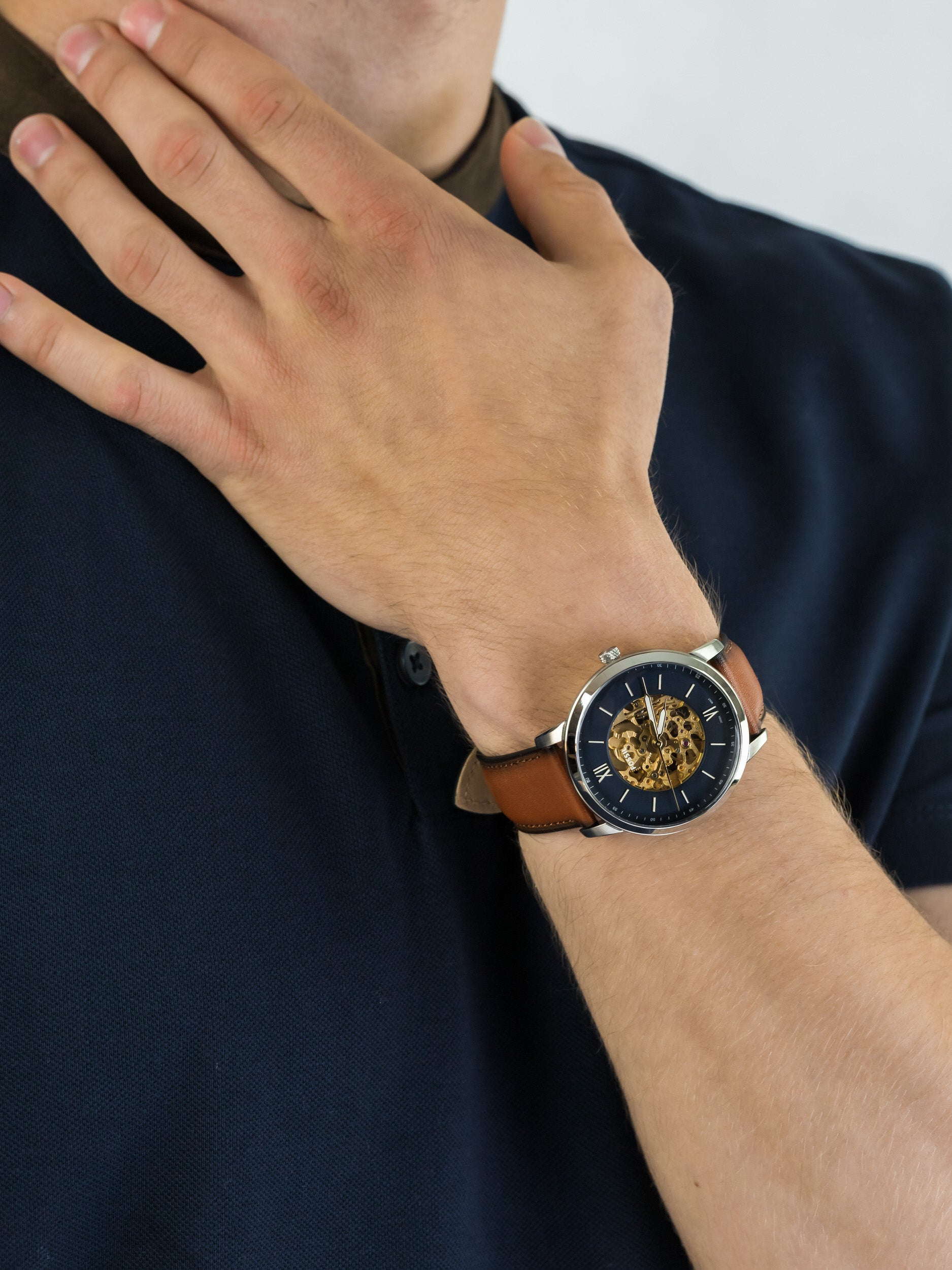  Shop Authentic Fossil Neutra Automatic Luggage Skeleton Blue Dial Brown Leather Strap Watch for Men - ME3160 - Luxxuri