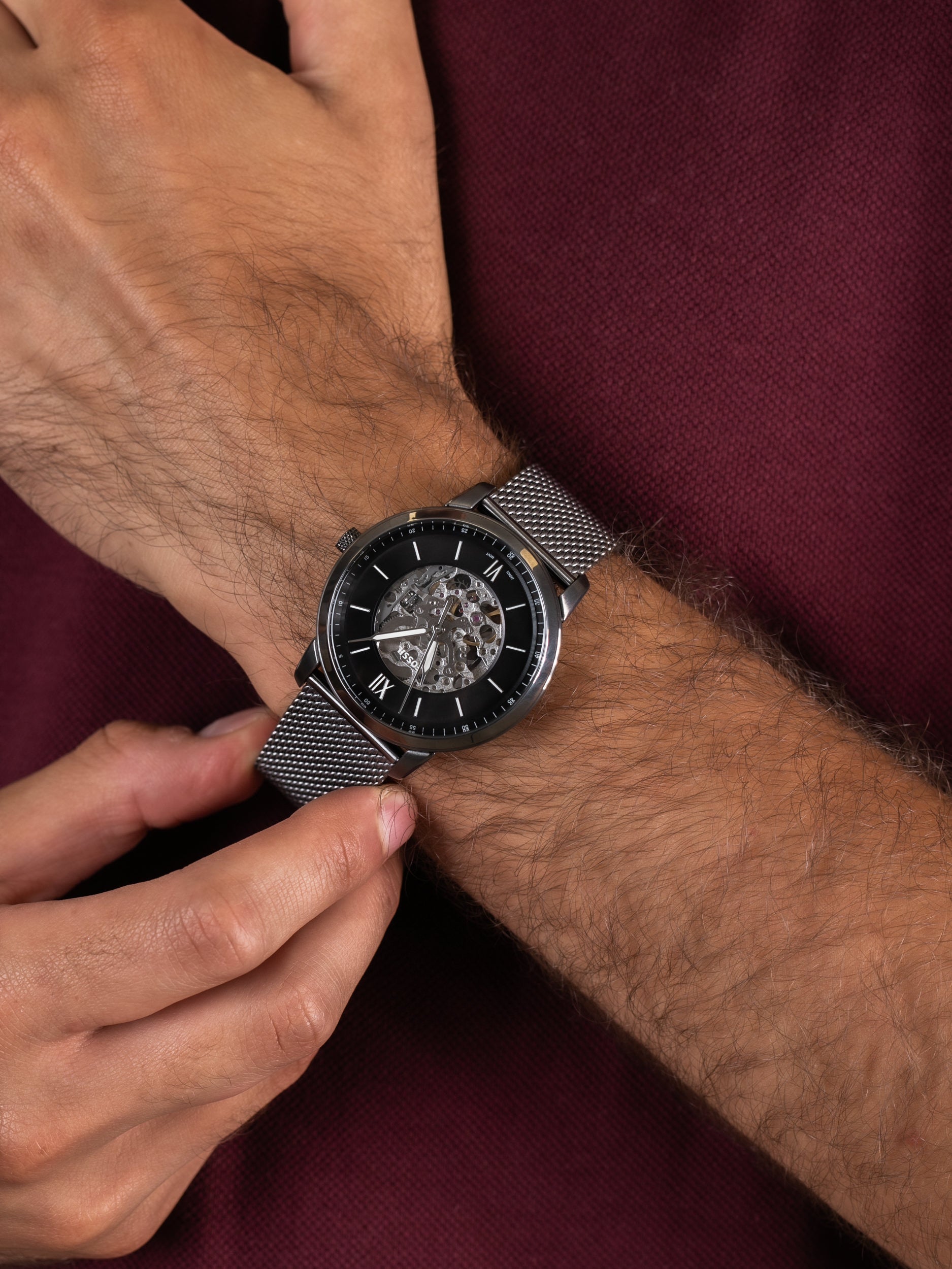  Shop Authentic Fossil Neutra Automatic Skeleton Black Dial Grey Mesh Strap Watch for Men - ME3185 - Luxxuri