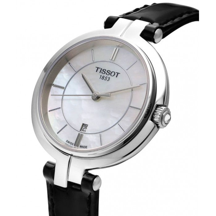 Tissot T Lady Flamingo Mother of Pearl White Dial Black Leather Strap Watch for Women - T094.210.16.111.00