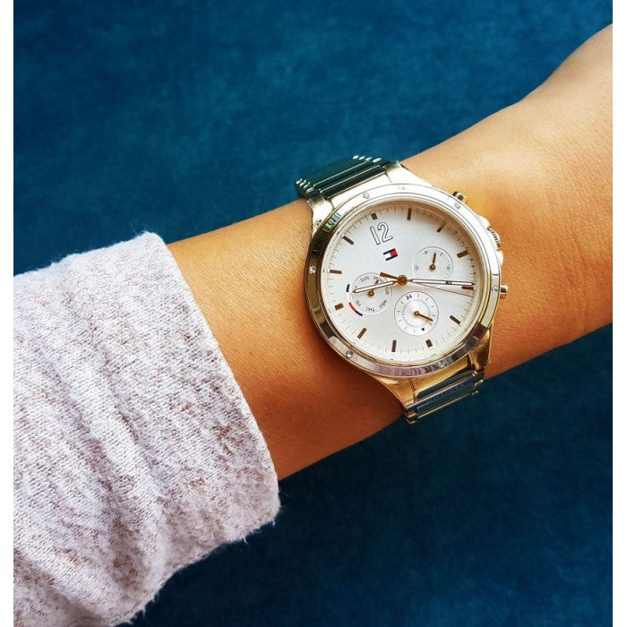  Shop Authentic Tommy Hilfiger Eve Chronograph Quartz White Dial Gold Steel Strap Watch For Women - 1782278 - Luxxuri