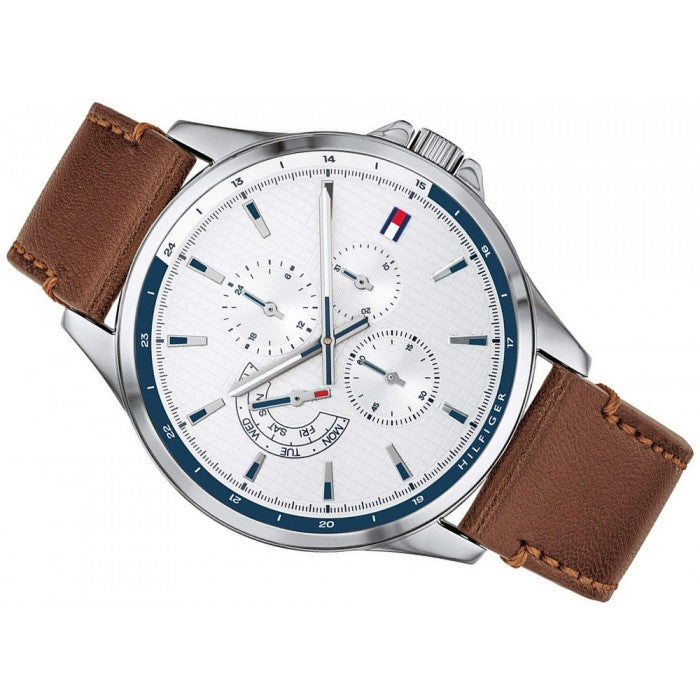  Shop Authentic Tommy Hilfiger Multi Function Quartz White Dial Brown Leather Strap Watch for Men - 1791614 - Luxxuri