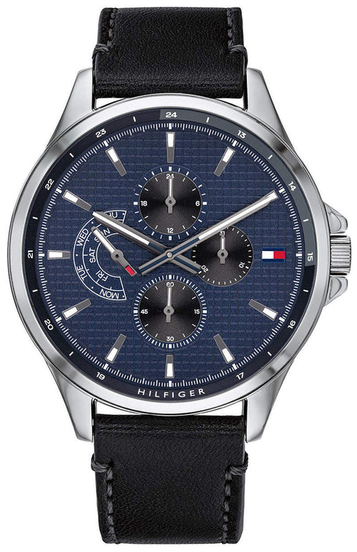  Shop Authentic Tommy Hilfiger Shawn Multifunction Quartz Blue Dial Black Leather Strap Watch for Men - 1791616 - Luxxuri