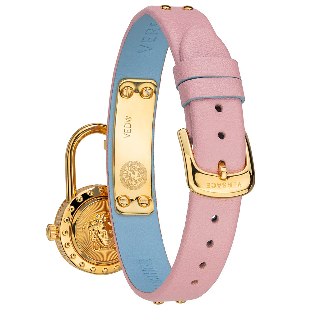  Shop Authentic Versace Medusa Lock Icon Quartz Gold Dial Pink & Blue Leather Strap Watch For Women - VEDW00219 - Luxxuri