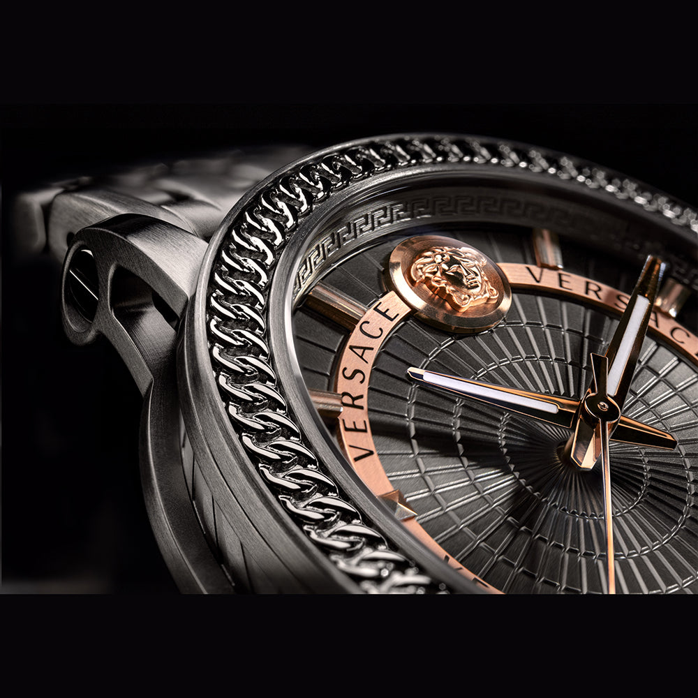  Shop Authentic Versace Viamond Quartz Black Dial Grey Steel Strap Watch For Men - VEPO00520 - Luxxuri