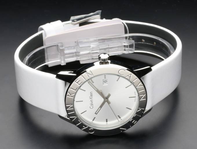  Shop Authentic Calvin Klein Steady Silver Dial White Leather Strap Watch for Women - K7Q211L6 - Luxxuri