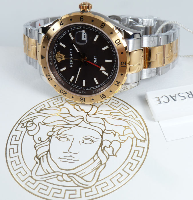 Shop Authentic Versace Hellenyium GMT Black Dial Two Tone Steel Strap Watch for Men - V11040015 - Luxxuri